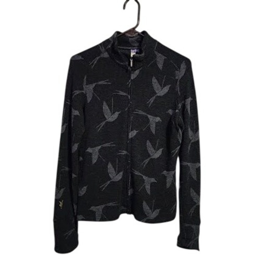 Ibex Bird Print Merino Wool Full Zip Jacket Sweater Charcoal Gray Gorpcore L